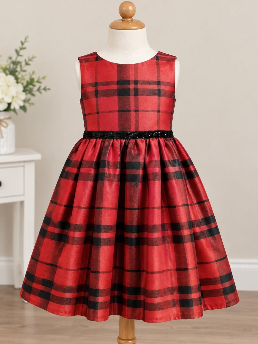 Cat & Jack Girls Red Black Plaid Party Dress M Sequin Waist Bow Holiday Occasion